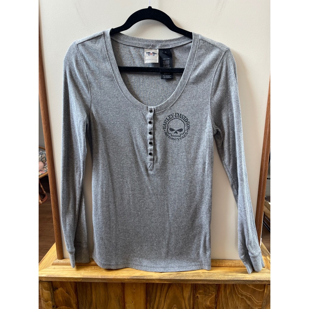 Harley Davidson Henley Shirt Womens L Gray Excellent Ribbed Skull Long Sleeve